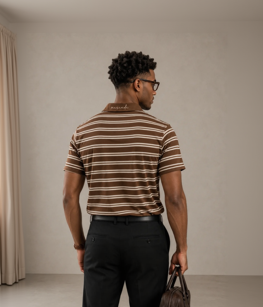 A man viewed from behind wearing a brown and beige horizontally striped short-sleeve t-shirt, black trousers, and holding a brown leather briefcase against a neutral studio backdrop.