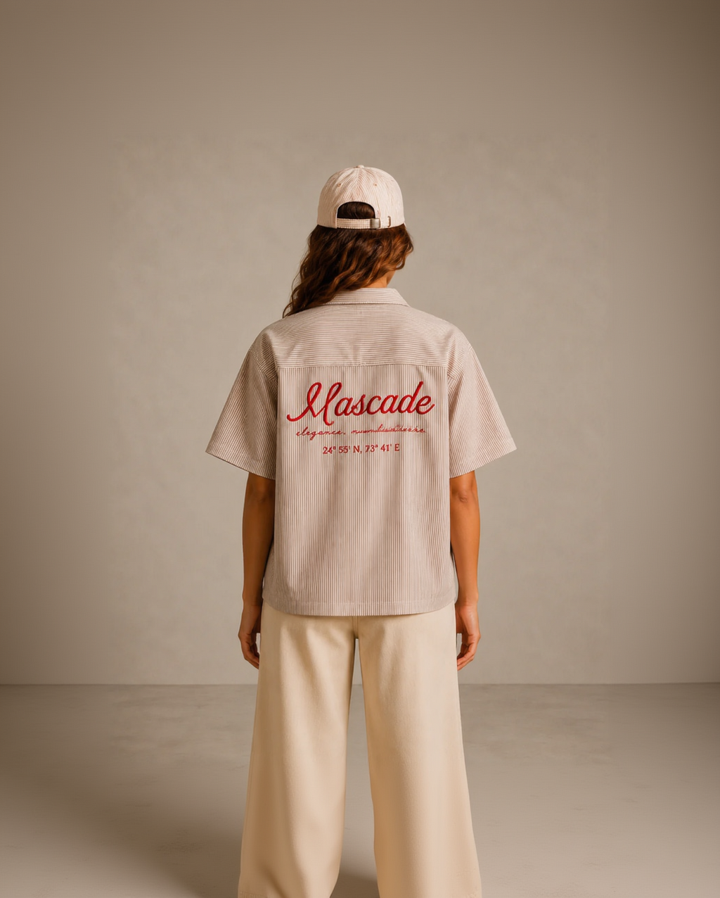 A model shown from the back wearing a light beige short-sleeve button-up shirt with red embroidered text reading 'Mascade' on the back, paired with matching beige pants and a beige baseball cap against a neutral studio backdrop.