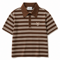 A short-sleeve polo shirt with horizontal brown and beige stripes, featuring a solid brown collar and a small embroidered fox logo on the left chest.