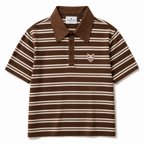 A short-sleeve polo shirt with horizontal brown and beige stripes, featuring a solid brown collar and a small embroidered fox logo on the left chest.
