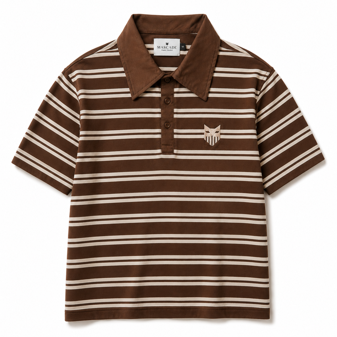 A short-sleeve polo shirt with horizontal brown and beige stripes, featuring a solid brown collar and a small embroidered fox logo on the left chest.