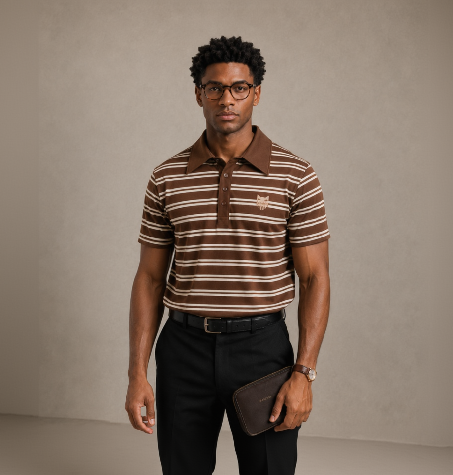 A man wearing a brown and beige horizontally striped polo shirt with a small embroidered fox logo on the chest, paired with black trousers and holding a dark brown leather clutch against a neutral studio backdrop.