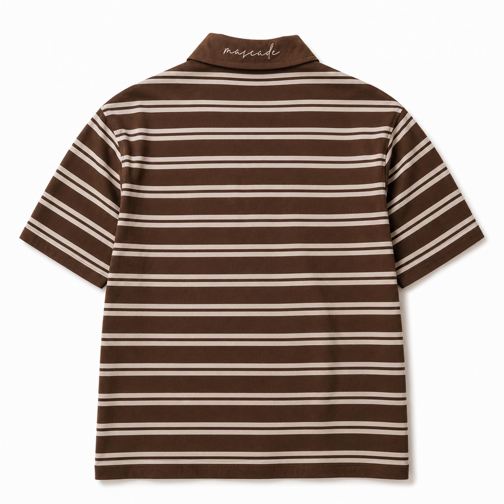 A short-sleeve polo shirt with horizontal brown and beige stripes, shown from the back on a clean white background. The brand name 'mascni' is printed in white script on the collar.