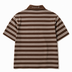 A short-sleeve polo shirt with horizontal brown and beige stripes, shown from the back on a clean white background. The brand name 'mascni' is printed in white script on the collar.