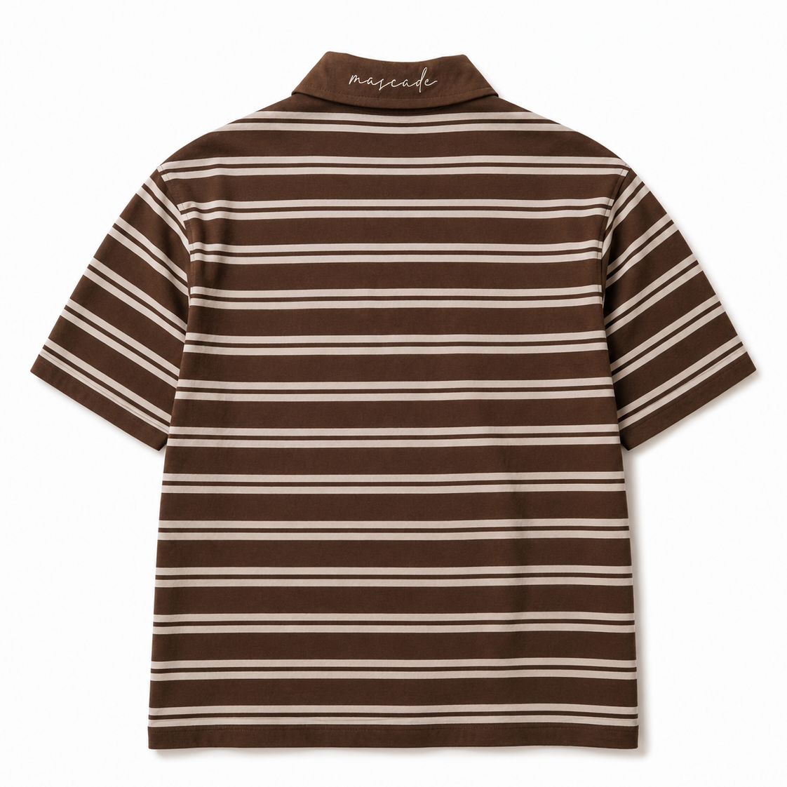 A short-sleeve polo shirt with horizontal brown and beige stripes, shown from the back on a clean white background. The brand name 'mascni' is printed in white script on the collar.